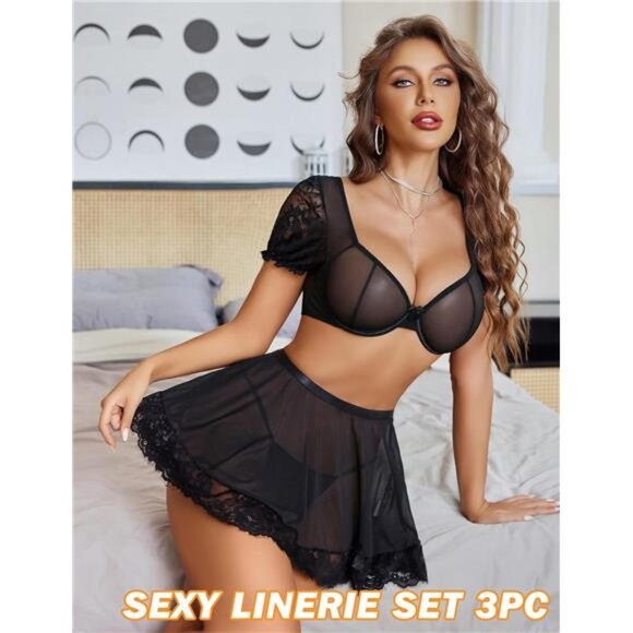 Women Sexy Mesh Top Lingerie Skirts 3 Piece Black - Picture 4 of 6